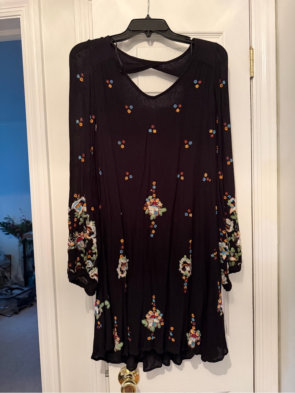Free People Black Embroidered Long-Sleeve Swing Dress